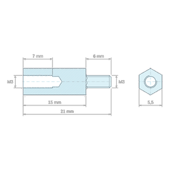 Rysunek wymiarowy 15 mm / 6 mm, Tulejka dystansowa gwintowana sześciokątna, gwint wew./zew., aluminium, pasywowany M3, SW 5,5 mm