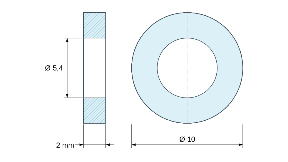 Rysunek wymiarowy Tulejka dystansowa niegwintowana, mosiądz niklowany Ø5,4x10mm, pod śrubę M5 Rysunek wymiarowy Tulejka dystansowa niegwintowana, mosiądz niklowany Ø5,4x10mm, pod śrubę M5
