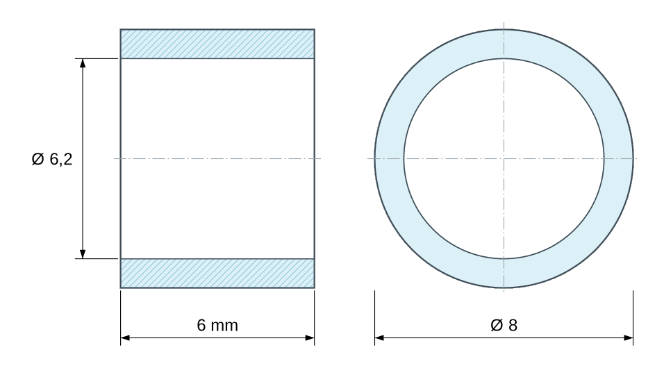 Rysunek wymiarowy Tulejka dystansowa niegwintowana, poliamid PA6 wzmocniony włóknem szklanym Ø6,2x8mm, pod śrubę M6