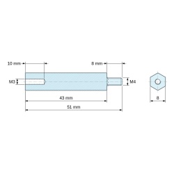 Rysunek wymiarowy 43 mm / 8 mm, Tulejka dystansowa gwintowana sześciokątna, gwint wew./zew., poliamid PA6.6 M3 / M4, SW 8 mm