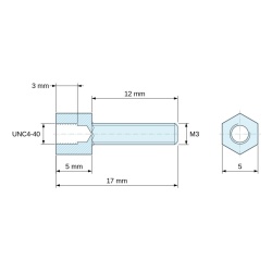 Rysunek wymiarowy 5 mm / 12 mm, Tulejka dystansowa gwintowana sześciokątna, gwint wew./zew., stal ocynkowana, pasywacja żółta UNC4-40 / M3, SW 5 mm