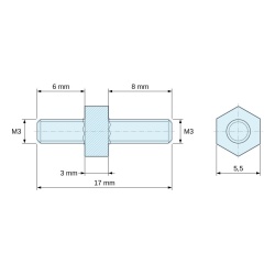 Rysunek wymiarowy 3 mm / 6 / 8 mm, Tulejka dystansowa gwintowana sześciokątna, gwint zew./zew., stal nierdzewna M3, SW 5,5 mm, L 6 + 8 mm