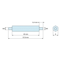 Rysunek wymiarowy 45 mm / 6,4 mm, Tulejka dystansowa gwintowana sześciokątna, gwint zew./zew., poliamid PA6.6, UL94-HB M4, SW 8 mm