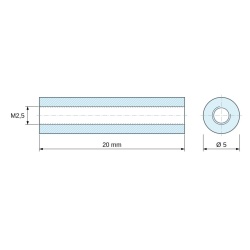 Rysunek wymiarowy 20 mm, Tulejka dystansowa gwintowana okrągła, gwint wew./wew., POM (poliacetal), biały UL94-HB M2,5, Ø5 mm