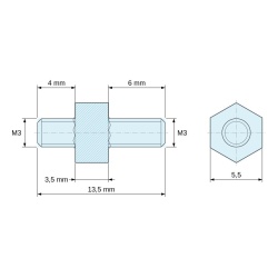 Rysunek wymiarowy 3,5 mm / 4 / 6 mm, Tulejka dystansowa gwintowana sześciokątna, gwint zew./zew., stal ocynkowana M3, SW 5,5 mm, L 4 + 6 mm
