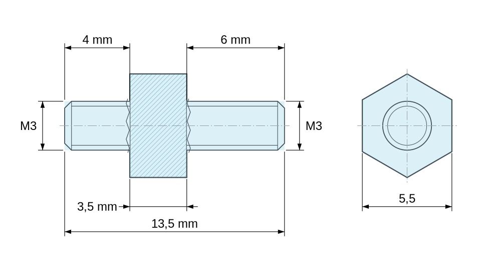 Rysunek wymiarowy Tulejka dystansowa gwintowana sześciokątna, gwint zew./zew., stal ocynkowana M3, SW 5,5 mm, L 4 + 6 mm
