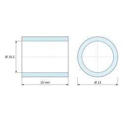 Rysunek wymiarowy 15 mm, Tulejka dystansowa niegwintowana, mosiądz niklowany, z ołowiem Ø10,2x13mm, pod śrubę M10