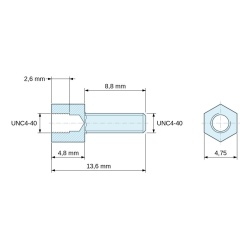 Rysunek wymiarowy 4,8 mm / 8,8 mm, Tulejka dystansowa gwintowana sześciokątna, gwint wew./zew., stal ocynkowana, bez ołowiu UNC4-40, SW 4,75 mm