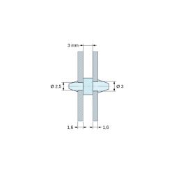 Rysunek wymiarowy 3 mm, Dwustronnie zatrzaskowy uchwyt PCB, poliamid PA6.6 czarny UL94-HB, PCB Ø2,5 mm 1,6 mm / obudowa Ø3 mm 1,6 mm