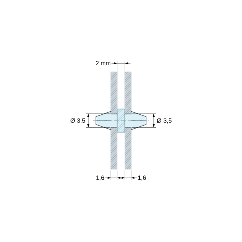 Rysunek wymiarowy 2 mm, Dwustronnie zatrzaskowy uchwyt PCB, poliamid PA6.6 naturalny UL94-V2, otwór PCB Ø3,5 mm, PCB 1,6 mm