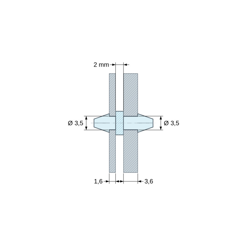 Rysunek wymiarowy 2 mm, Dwustronnie zatrzaskowy uchwyt PCB, poliamid PA6.6 naturalny UL94-V2, PCB Ø3,5 mm 1,6 mm / obudowa Ø3,5 mm 3,6 mm