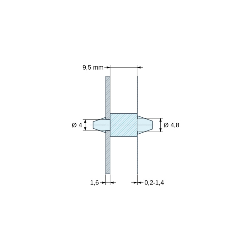 Rysunek wymiarowy 9,5 mm, Dwustronnie zatrzaskowy uchwyt PCB, poliamid PA6.6 naturalny UL94-V2, PCB Ø4 mm 1,6 mm / obudowa Ø4,8 mm 0,2–1,4 mm