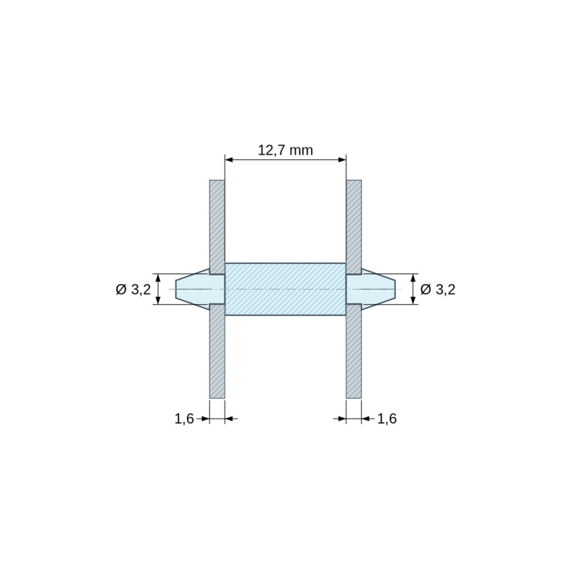 Rysunek wymiarowy 12,7 mm, Dwustronnie zatrzaskowy wspornik PCB, PA6.6 naturalny, UL94-V0, otwór PCB Ø3,2 mm, grubość PCB 1,6 mm