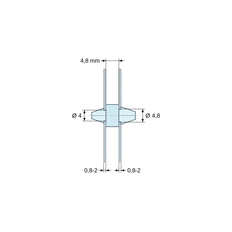 Rysunek wymiarowy 4,8 mm, Dwustronnie zatrzaskowy wspornik PCB, Poliamid PA6.6, naturalny, UL94-V2, PCB Ø4/0,8–2 mm / CH Ø4,8/0,8–2 mm