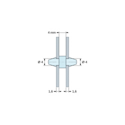 Rysunek wymiarowy 4 mm, Dwustronnie zatrzaskowy wspornik PCB, PA6.6 naturalny, UL94-V2, otwór PCB Ø4 mm, grubość PCB 1,6 mm