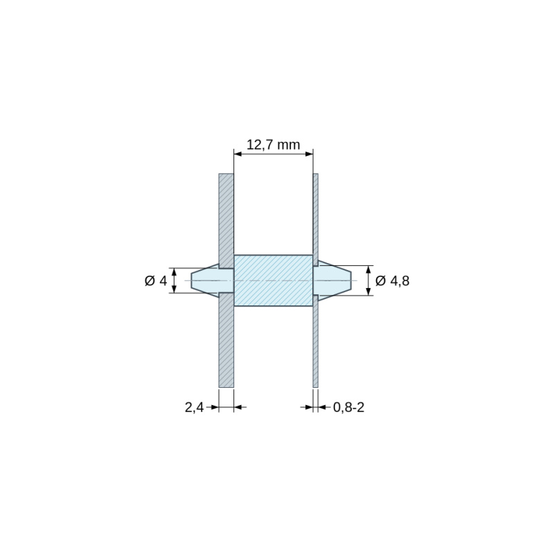 Rysunek wymiarowy 12,7 mm, Dwustronnie zatrzaskowy wspornik PCB, Poliamid PA6.6, naturalny, UL94-V2, PCB Ø4/2,4 mm / CH Ø4,8/0,8–2 mm
