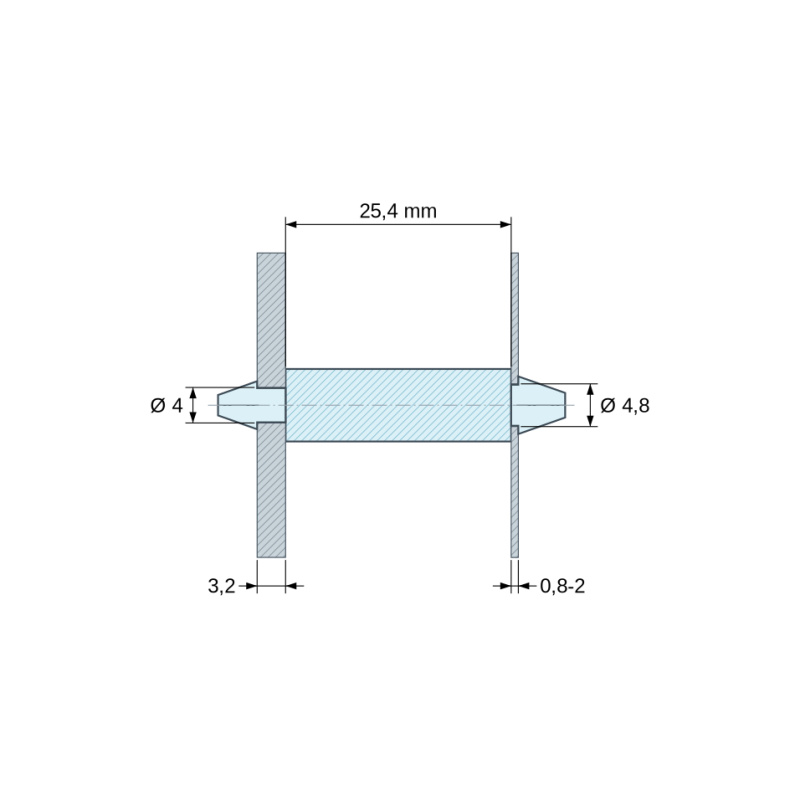 Rysunek wymiarowy 25,4 mm, Dwustronnie zatrzaskowy wspornik PCB, Poliamid PA6.6, naturalny, UL94-V2, PCB Ø4/3,2 mm / CH Ø4,8/0,8–2 mm