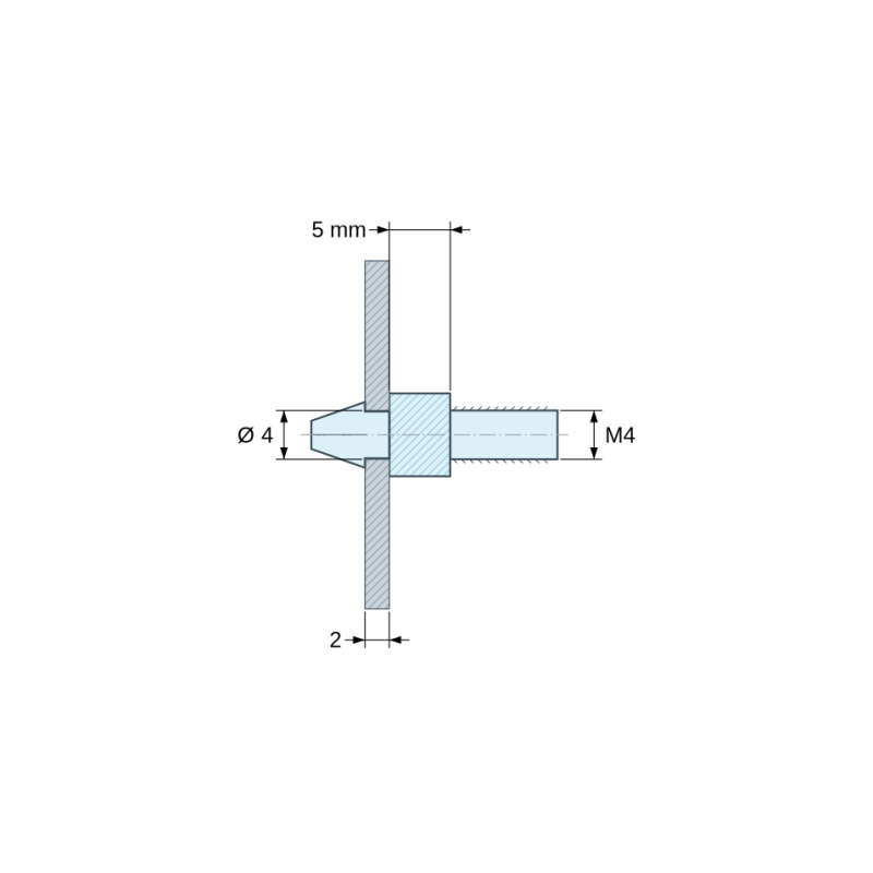 Rysunek wymiarowy 5 mm, Zatrzaskowy uchwyt płytki drukowanej z gwintem M4, czarny poliamid PA6.6 UL94-HB, otwór Ø4 mm, płytka 2 mm