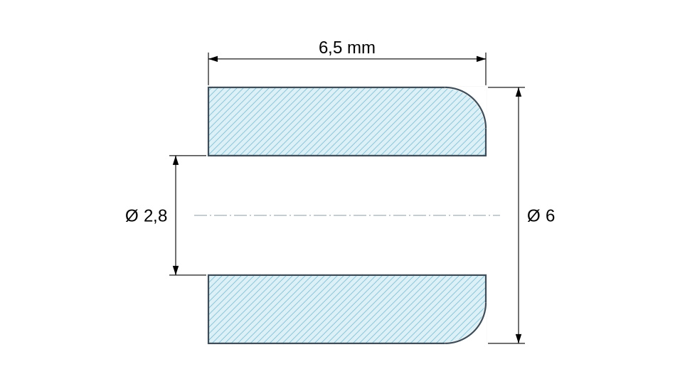 Gładka tulejka dystansowa ceramiczna C221 Ø2,8x6mm, jeden koniec zaokrąglony
