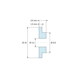 Rysunek wymiarowy 3,5 mm, Tulejka izolacyjna z kołnierzem Ø4,2x15mm, niskie osadzenie Ø9,9mm, naturalny poliamid PA6 UL94-V2