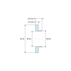 Rysunek wymiarowy 3,5 mm, Tulejka izolacyjna z kołnierzem Ø8,2x15mm, niskie osadzenie Ø8,9mm, naturalny poliamid PA6 UL94-V2