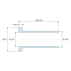 Rysunek wymiarowy 35,5 mm, Tulejka izolacyjna z kołnierzem Ø12,5x21mm, wysokie osadzenie Ø14,5mm, czarny poliamid PA6.6 wzmacniany włóknem szklanym UL94-HB
