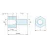 Desenho cotado 6 mm / 8 mm, Espaçador hexagonal roscado macho/fêmea em aço inoxidável M4 - 7 mm entre faces