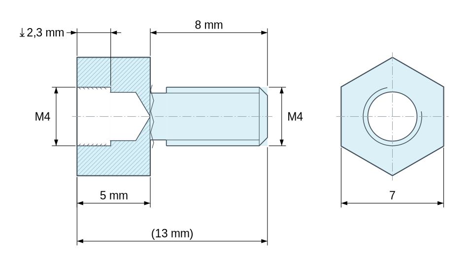 Desenho cotado do espaçador hexagonal roscado exterior/interior em latão niquelado com chumbo M4 - 7 mm entre faces Desenho cotado do espaçador hexagonal roscado exterior/interior em latão niquelado com chumbo M4 - 7 mm entre faces