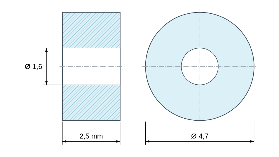 Desenho cotado de espaçador liso em plástico poliamida PA6 branco Ø1,6x4,7mm para parafuso M1,6