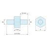 Desenho cotado 5 mm / 6,4 mm, Espaçador hexagonal roscado macho/macho em plástico poliamida PA6.6 UL94-V2 M4 - 8 mm entre faces