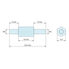 Desenho cotado 10 mm / 6 / 8 mm, Espaçador hexagonal roscado macho/macho de aço zincado azul M3 - 5,5 mm entre faces, hastes de 6 e 8 mm