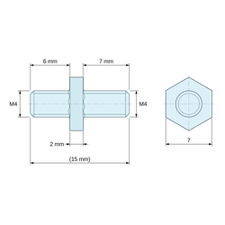 Desenho cotado 2 mm / 6 / 7 mm, Espaçador hexagonal roscado macho/macho em aço zincado azul M4 - 7 mm entre faces, hastes 6 e 7 mm