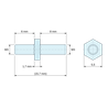 Desenho cotado 1,7 mm / 6 / 8 mm, Espaçador hexagonal roscado macho/macho em aço zincado sem chumbo M3 - 5,5 mm entre faces, hastes de 6 e 8 mm