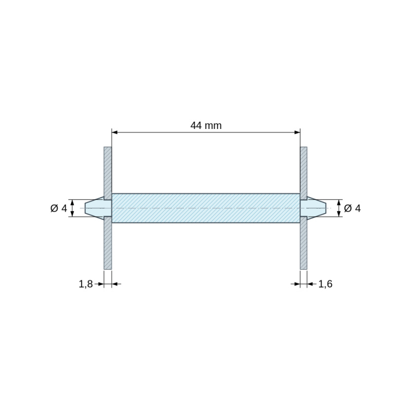 Desenho cotado 44 mm, Suporte PCB de encaixe duplo, poliamida PA6.6 preta UL94-HB, PCB Ø4 mm 1,8 mm / chassis Ø4 mm 1,6 mm