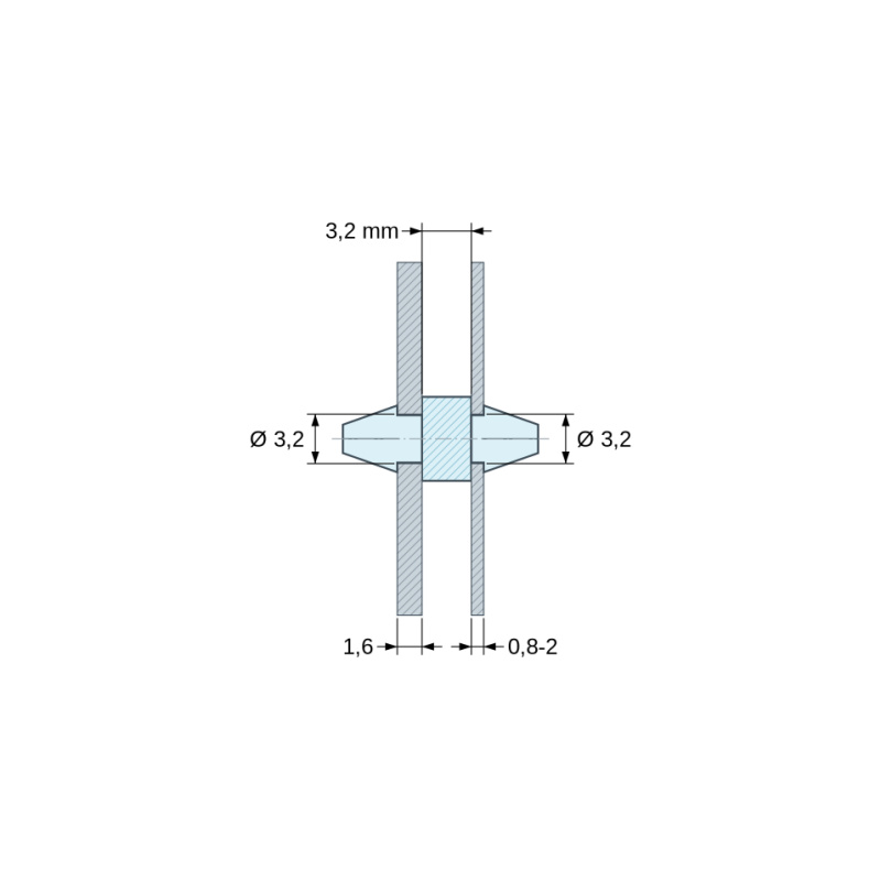 Desenho cotado 3,2 mm, Suporte PCB de encaixe duplo, poliamida PA6.6 natural UL94-V2, PCB Ø3,2 mm 1,6 mm / chassis Ø3,2 mm 0,8–2 mm