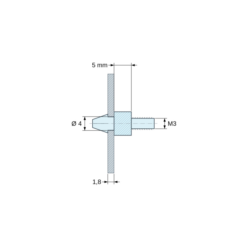 Desenho cotado 5 mm, Suporte de encaixe para placa de circuito impresso com rosca M3, poliamida PA6.6 preta UL94-HB, furo Ø4 mm, placa 1,8 mm