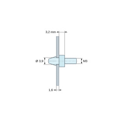 Desenho cotado 3,2 mm, Suporte de encaixe para placa de circuito impresso com rosca M3, poliamida PA6.6 natural UL94-V2, furo Ø3,9 mm, placa 1,6 mm