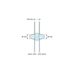 Desenho cotado 4,8 mm, Suporte PCB de encaixe em ambos os lados, PA6.6 natural, UL94-V2, furo PCB Ø4,8 mm, espessura PCB 0,8–2 mm