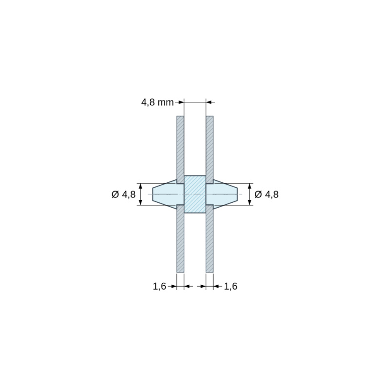 Desenho cotado 4,8 mm, Suporte PCB de encaixe em ambos os lados, PA6.6 natural, UL94-V2, furo PCB Ø4,8 mm, espessura PCB 1,6 mm