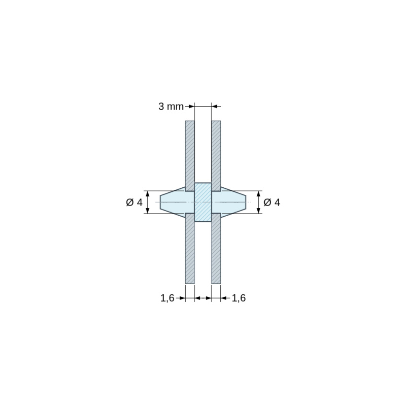 Desenho cotado 3 mm, Suporte PCB de encaixe em ambos os lados, PA6.6 preto, UL94-HB, furo PCB Ø4 mm, espessura PCB 1,6 mm