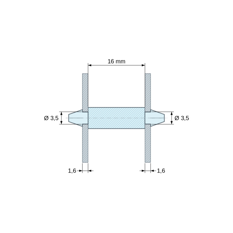 Desenho cotado 16 mm, Suporte PCB de encaixe em ambos os lados, PA6.6 natural, UL94-V0, furo PCB Ø3,5 mm, espessura PCB 1,6 mm