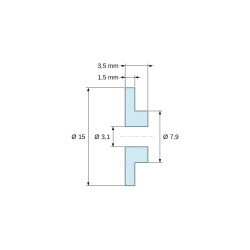 Desenho cotado 3,5 mm, Bucha isoladora com flange Ø3,1x15mm, ressalto baixo Ø7,9mm, poliamida PA6 natural UL94-V2