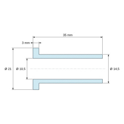 Desenho cotado 35 mm, Bucha isoladora com flange Ø10,5x21mm, ressalto alto Ø14,5mm, poliamida PA6.6 preta reforçada com fibra de vidro UL94-HB