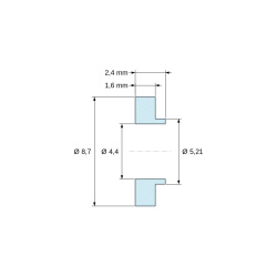 Desenho cotado 2,4 mm, Bucha isoladora com flange Ø4,4x8,7mm, ressalto baixo Ø5,21mm, poliamida PA6.6 natural UL94-V0