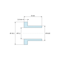 Desenho cotado 8 mm, Bucha isoladora com flange Ø5,1x10,1mm, ressalto baixo Ø6,62mm, poliamida PA6.6 natural UL94-V2