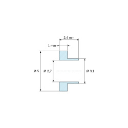 Desenho cotado 2,4 mm, Bucha isoladora com flange Ø2,7x5mm, ressalto baixo Ø3,1mm, poliamida PA6.6 preta reforçada com fibra de vidro UL94-HB