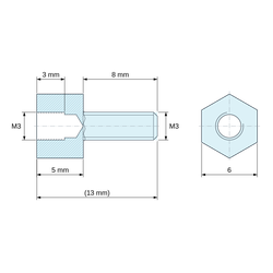 Desen cotat 5 mm / 8 mm, Distanțier hexagonal filetat exterior/interior din alamă nichelată cu plumb M3 - 6 mm între fețe