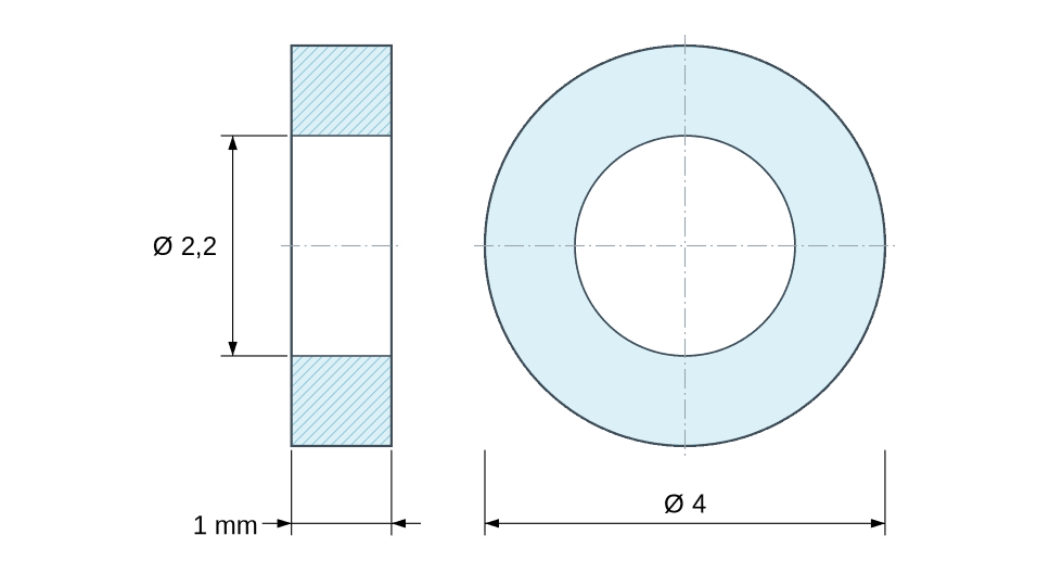 Desen cotat al distanțierului neted din alamă nichelată Ø2,2x4mm pentru șurub M2 Desen cotat al distanțierului neted din alamă nichelată Ø2,2x4mm pentru șurub M2