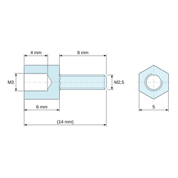 Desen cotat 6 mm / 8 mm, Distanțier hexagonal filetat exterior/interior din plastic, poliamidă PA6.6 M3 / M2,5 - 5 mm între fețe