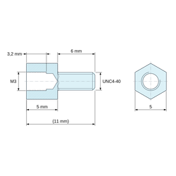 Desen cotat 5 mm / 6 mm, Distanțier hexagonal filetat exterior/interior din oțel zincat albastru M3 / UNC4-40 - 5 mm între fețe